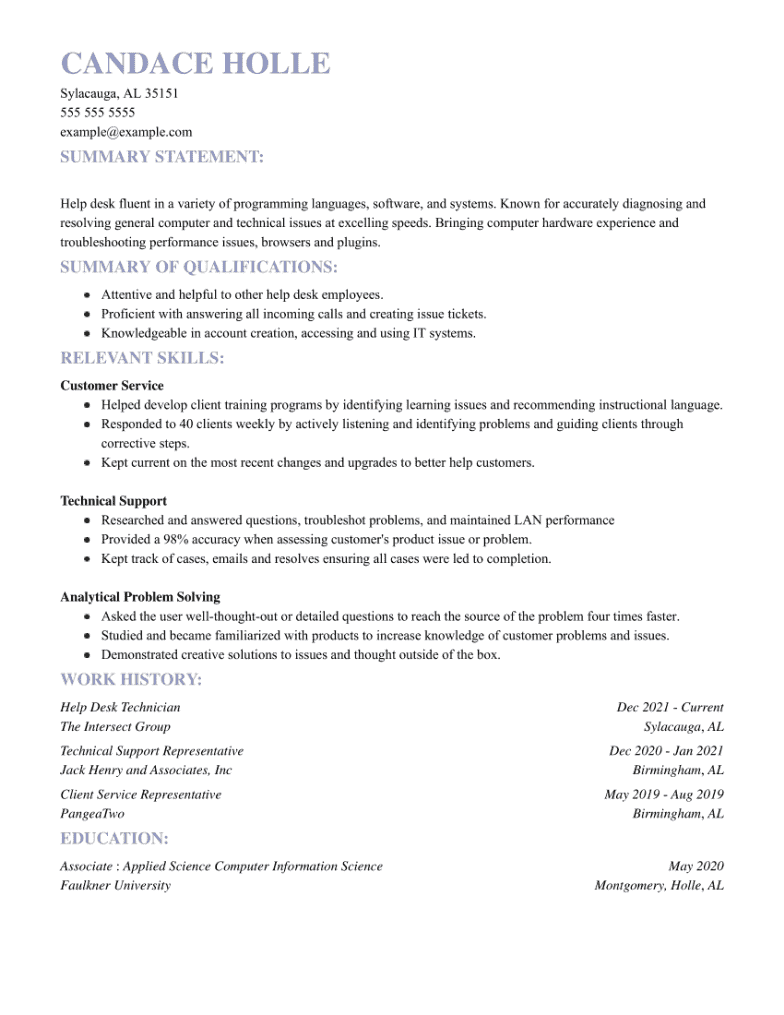 help desk support sample resume