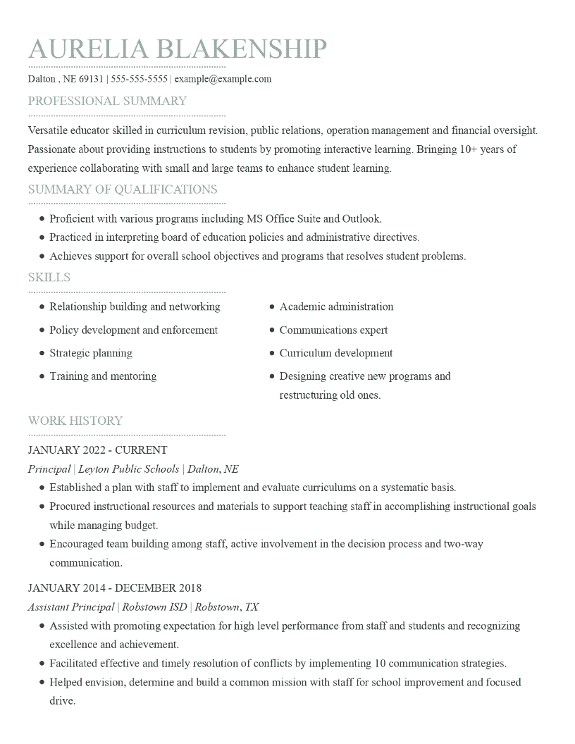 high school principal resume objective examples