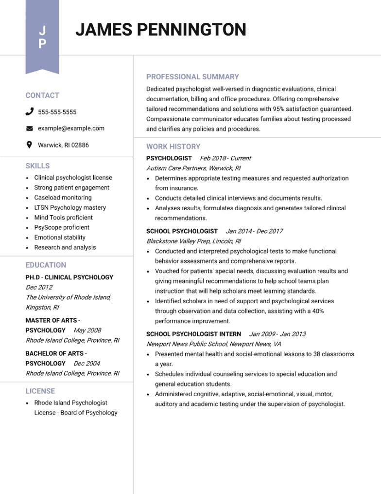resume sample for psychologist