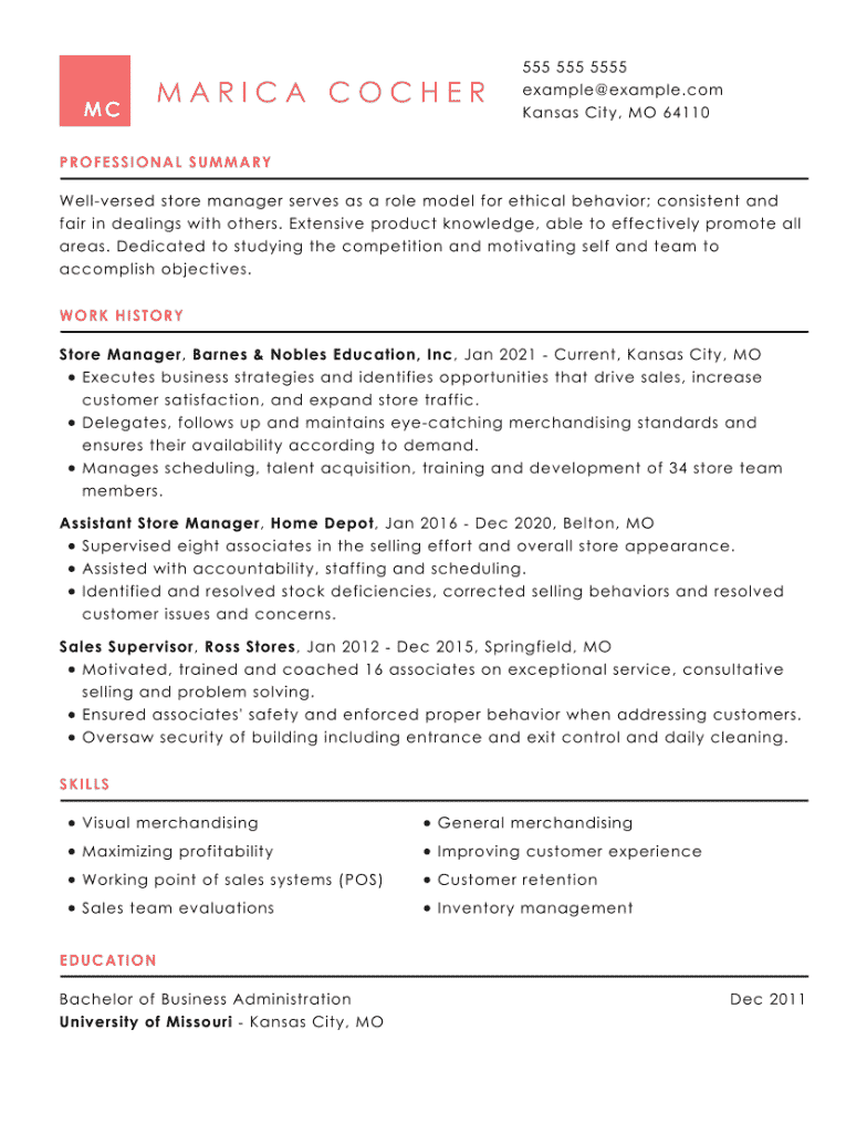 sample resume store manager