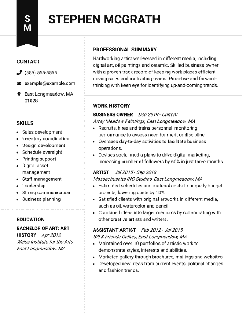 resume examples for art students