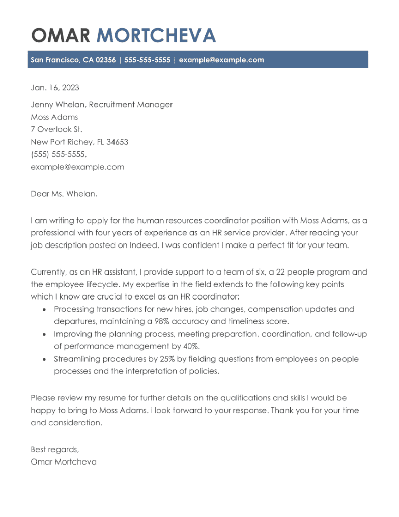 human resources coordinator cover letter examples