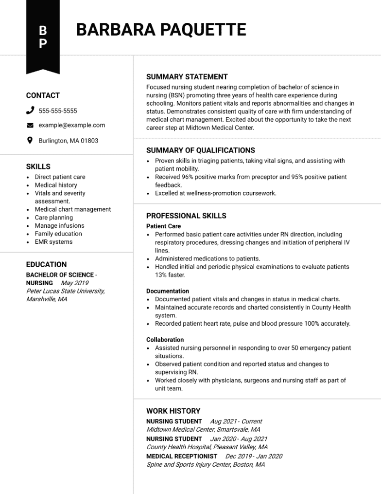 sample resume for a nursing graduate